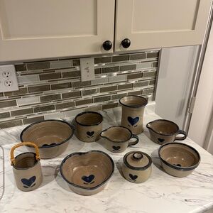 Vintage Pottery set Salt Glazed stoneware heart motif signed